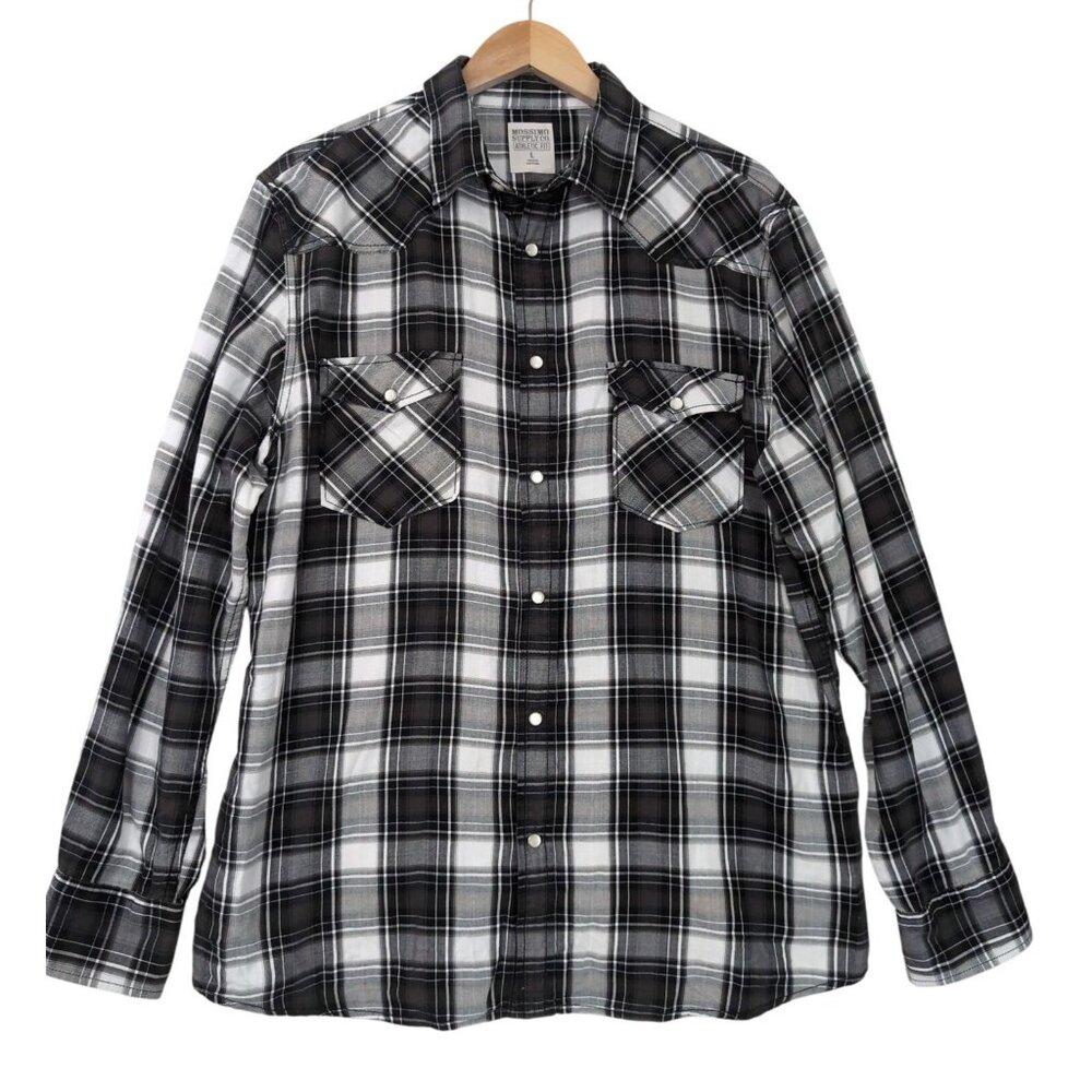 Mossimo Shirt‎ Mens L Black White Plaid Western Pearl Snap Athletic Fit Western